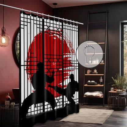 Japanese Shower Curtain Japan Anime Asian Black and Red Shower Curtains for Mens Bathroom Decor Sets, Waterproof Cloth Fabric with Hooks, 108x72 Inch