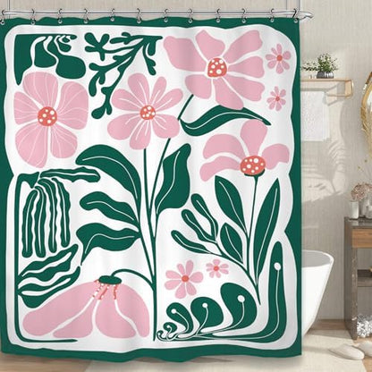 Abstract Flower Matisse Shower Curtain 60Wx72L Inch Pink Green Plant Minimalist Contemporary Retro Art Groovy Modern Bathroom Set Accessories Decor with 12 Pack Hooks