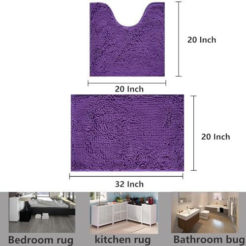 Bathroom Rugs Chenille, Extra Thick and Absorbent, Non-Slip, Machine Washable, Dry Quckily, Soft Cozy Plush, Used Under Shower Bathtub and Sink, Bath mat Sets Purple
