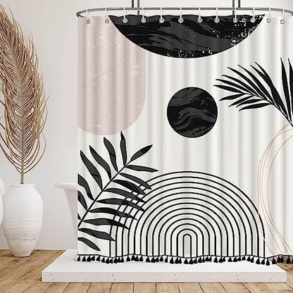 Boho Mid Century Leaf Shower Curtain Set,Arch Sun Design,Minimalistic Leaves Pattern,Waterproof and Luxurious Fabric-12 Hooks(Black and White-72" x 72")