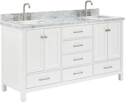 ARIEL Cambridge 66-inch Bathroom Vanity with Sink,Solid Wood, 1.5-inch Italian Carrara Marble Countertop, Double Rectangular Porcelain Sink, 4 Soft Closing Doors, 6 Dovetail Drawers, White