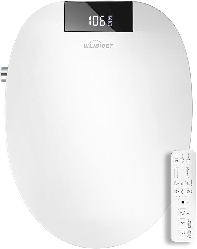 Bidet Toilet Seat with Remote Control, Electronic Heated Bidet Seat with Adjustable Warm Water and Pressure, Warm Air Drying, Display Screen, Night Light, Slow Closed Toilet Lid, Elongated