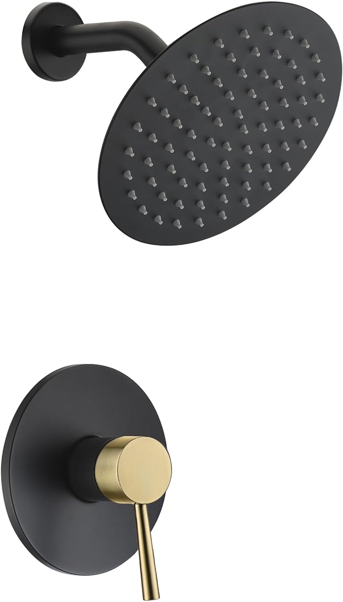 SUMERAIN Shower Faucet Set Black and Gold, 8" Stainless Steel Rain Shower | Single-Function, Single Handle, With Brass Rough-in Valve, Modern Design