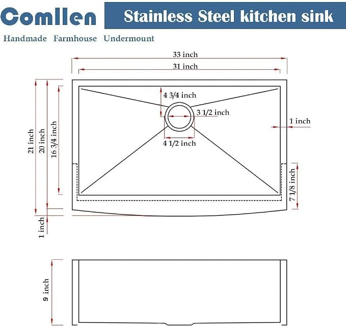 Comllen 33 Inch Farmhouse Sink, Stainless Steel Single Bowl Farm Sinks 16 Gauge 9 Inch Deep, Handmade Undermount 33 Farm Apron Front Kitchen Sink