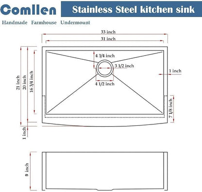 Comllen 33 Inch Farmhouse Sink, Stainless Steel Single Bowl Farm Sinks 16 Gauge 9 Inch Deep, Handmade Undermount 33 Farm Apron Front Kitchen Sink