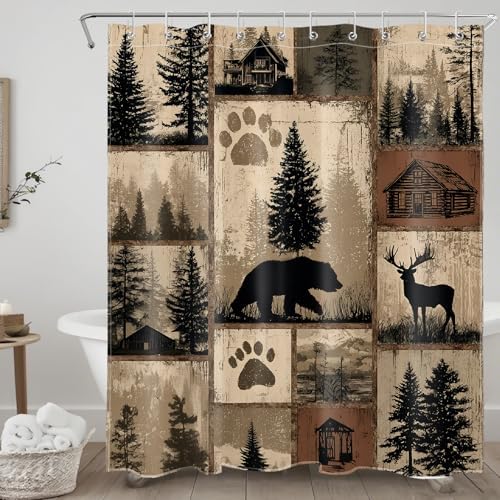 Rustic Cabin Patchwork Shower Curtain for Bathroom, Wild Animal Bear and Deer Brown Vintage Plaid Woodland Lodge Shower Curtain Country Bathroom Decor Accessories with Hooks, 60W X 72L inches