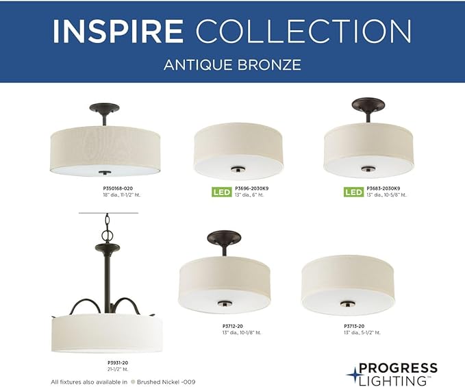 Progress Lighting P3696-2030K9 Inspire One-Light LED Flush Mount, Antique Bronze 6.00x13.00x13.00