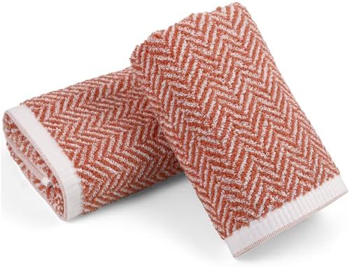 Cleanbear Decorative Hand Towels with Herringbone Stripes, Light-Coral