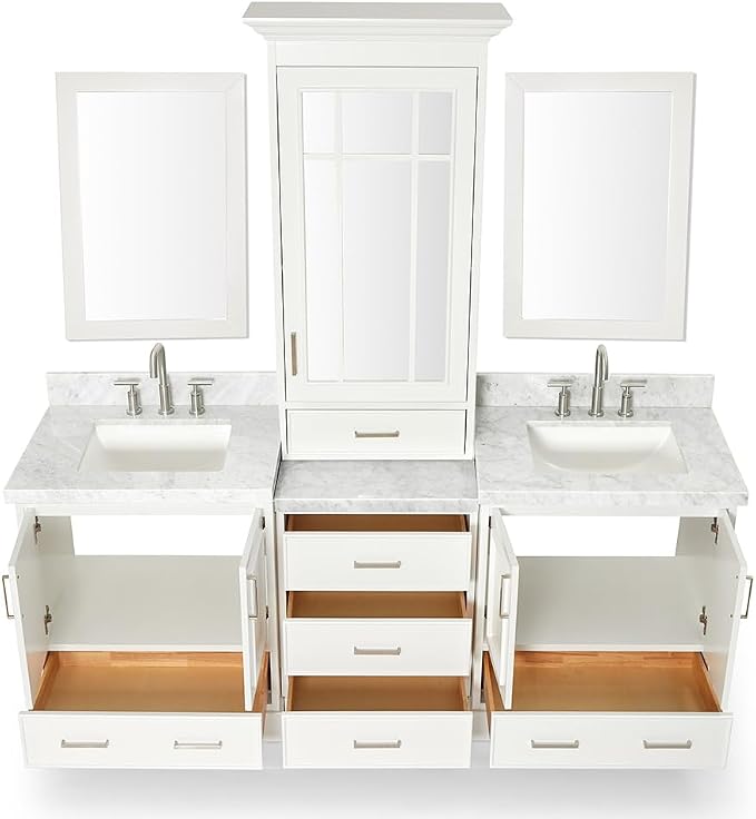 ARIEL Stafford 84-inch Bathroom Vanity with Sink,Solid Wood, 1.5-inch Italian Carrara Marble Countertop, Double Rectangular Porcelain Sink, 5 Soft Closing Doors, 6 Dovetail Drawers, White