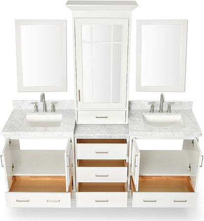 ARIEL Stafford 84-inch Bathroom Vanity with Sink,Solid Wood, 1.5-inch Italian Carrara Marble Countertop, Double Rectangular Porcelain Sink, 5 Soft Closing Doors, 6 Dovetail Drawers, White