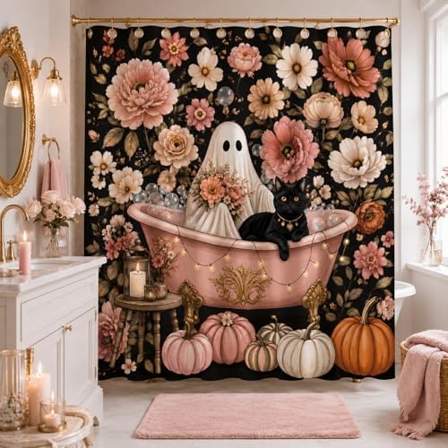 Halloween Shower Curtain, Black Cat Ghost Floral Bathroom Curtain, Autumn Pumpkin Decor Waterproof Polyester Fabric Shower Curtain with Hooks, 72x72 Inch