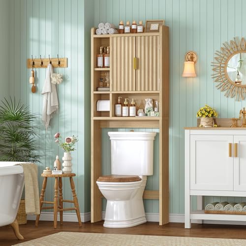 TEENFON Over The Toilet Storage Cabinet with 4 Open Shelves and Adjustable Shelf, Extra Tall Bathroom Organizer Unit with 2 Wood Doors, Home Space Saver for Bathroom, Laundry Room, Natural