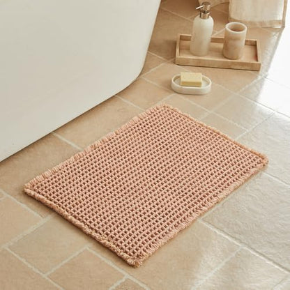 Triohero Waffle Bath Mat, Small Boho Bathroom Rugs, 16x24 Light Peachy