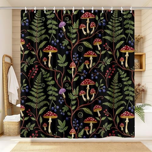 Boho Mushroom Shower Curtain, Rustic Vintage Dark Botanical Fern Forest Plant Leaves Nature Bath Curtain, Cute Black Cottagecore Aesthetic Woodland Bathroom Accessories with Hooks, 72 x 72 Red Green