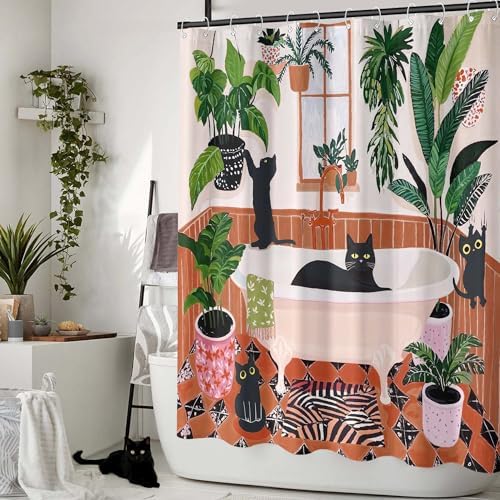 Funny Cat Shower Curtain Boho Cute Fun Black Cats Matisse Shower Curtains for Bathroom Kitten Green Tropical Plant Leaves Beige Brown Red Waterproof Fabric Bath Curtain Decor 72 X 72 Inches
