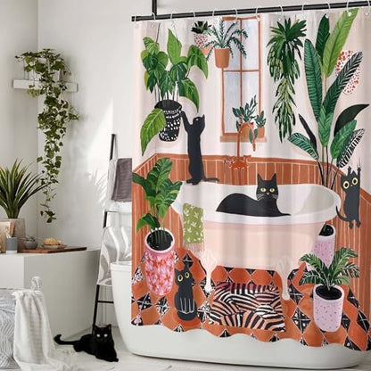 Funny Cat Shower Curtain Boho Cute Fun Black Cats Matisse Shower Curtains for Bathroom Kitten Green Tropical Plant Leaves Beige Brown Red Waterproof Fabric Bath Curtain Decor 72 X 72 Inches