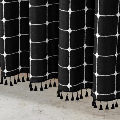 MitoVilla No Hooks Needed Boho Farmhouse Shower Curtain with Snap-in Liner, Cotton Linen Fabric Shower Curtains with Tassels for Rustic Neutral Bathroom Decor, Black and White, 72 x 74