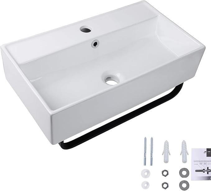 Wall Mount Rectangular Vessel Sink with Towel Rack, QISHKA 21.5"x12.5" Modern Ceramic Bathroom Floating Sink, White Rectangle Vanity Sink with Overflow, Wall Hung Wash Hand Basin