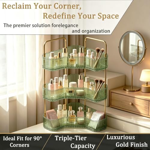 3-Tier Corner Bathroom Organizer, Skincare Vanity Counter Shelf Green