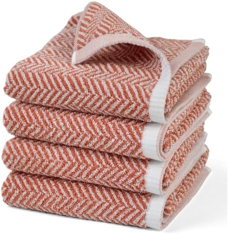 Cleanbear Hand Towels with Herringbone Stripes - Cotton, 4 Pack Coral
