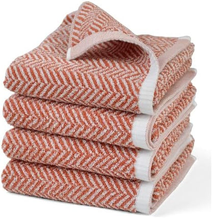 Cleanbear Hand Towels with Herringbone Stripes - Cotton, 4 Pack Coral