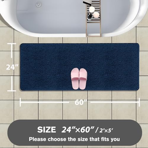 Bathroom Runner Rug 24 x 60 Inch – Extra Large Long Bath Mat | Absorbent and Washable Thick Chenille Bath Rug Non-Slip Runner Rug for Bathroom, Shower, Sink(Navy Blue)