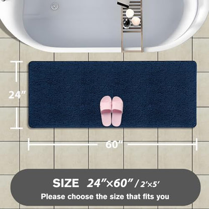 Bathroom Runner Rug 24 x 60 Inch – Extra Large Long Bath Mat | Absorbent and Washable Thick Chenille Bath Rug Non-Slip Runner Rug for Bathroom, Shower, Sink(Navy Blue)