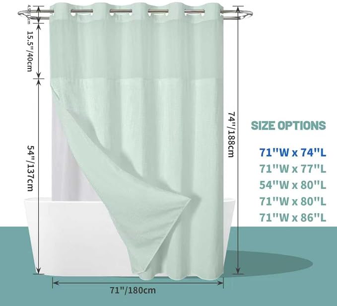 No Hook Waffle Shower Curtain with Snap-in Liner, 71x74 Inch, Mint Green | 230 GSM waffle weave fabric, waterproof liner set with 2 bottom magnets, mesh top window, washable, for bathroom or hotel use