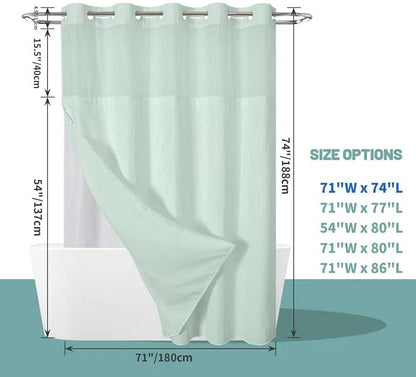 No Hook Waffle Shower Curtain with Snap-in Liner, 71x74 Inch, Mint Green | 230 GSM waffle weave fabric, waterproof liner set with 2 bottom magnets, mesh top window, washable, for bathroom or hotel use