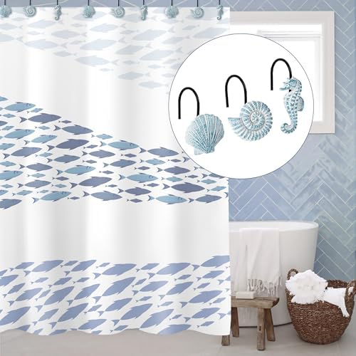 Sunlit Seashells Decorative Shower Curtain Hooks, Aqua Blue Ocean Creatures Coastal Shower Curtain Rings with Black Hooks, Resin, Nautical Bathroom Decoration Beach Shower Curtain Hooks, Set of 12