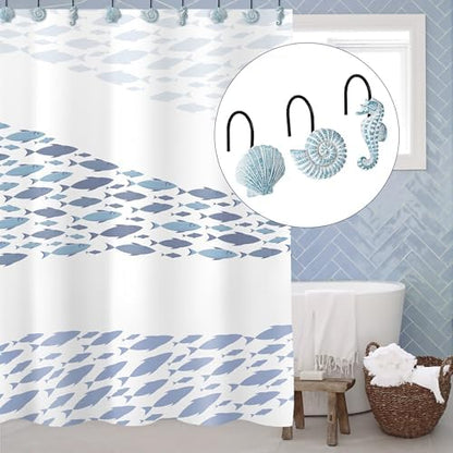 Sunlit Seashells Decorative Shower Curtain Hooks, Aqua Blue Ocean Creatures Coastal Shower Curtain Rings with Black Hooks, Resin, Nautical Bathroom Decoration Beach Shower Curtain Hooks, Set of 12