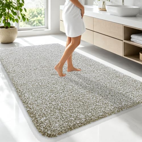 OLANLY Microfiber Bathroom Rugs 70x46, Quick Dry Mat, Moss Green and White