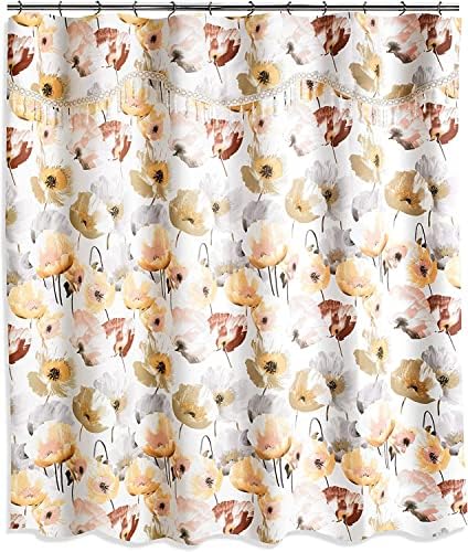 Zahari Home 13pc Poppy Fields Bathroom Shower Curtain Set Yellow Shower Curtain & 12 Shower Curtain Hooks Luxury Contemporary Colorful Shower Curtain Unique Design Stylish Shower Curtain Set