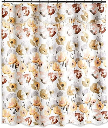 Zahari Home 13pc Poppy Fields Bathroom Shower Curtain Set Yellow Shower Curtain & 12 Shower Curtain Hooks Luxury Contemporary Colorful Shower Curtain Unique Design Stylish Shower Curtain Set