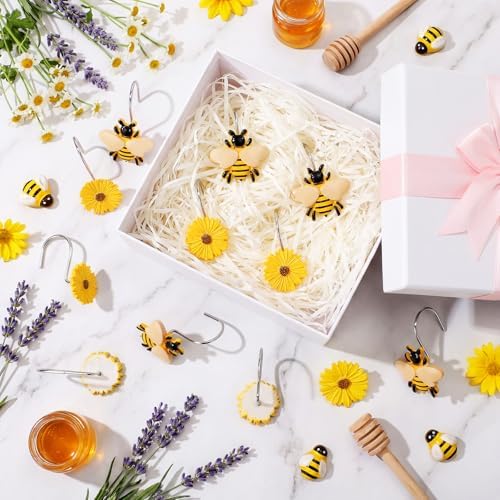 Thyle 12 Pcs Spring Daisy Flower Bee Shower Curtain Hooks, Spring Flower Resin Ornament Rings Cute Yellow Shower Curtain Hooks Decorative Rings for Home Holiday Wedding Bathroom Bedroom Accessories