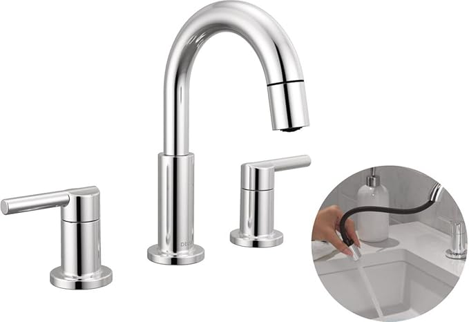 Delta Nicoli Chrome Bathroom Faucet with Sprayer, 8 Inch 3 Hole Widespread Bathroom Sink Faucet with Pull Out Sprayer, Push-Pop Drain, Chrome 35749LF-PD
