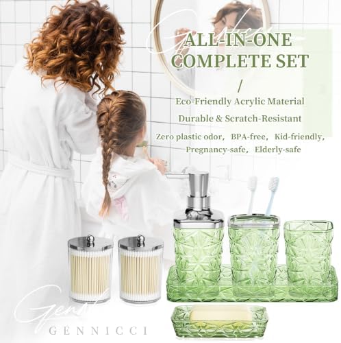 Green Bathroom Accessories Set 7 Pcs, Green Bathroom Sets, Acrylic Soap Dispenser and Toothbrush Holder Set, Qtip Holder Set, Bathroom Sink Set, Gift for Home Apartment