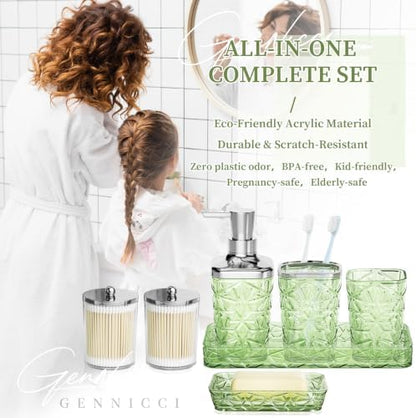 Green Bathroom Accessories Set 7 Pcs, Green Bathroom Sets, Acrylic Soap Dispenser and Toothbrush Holder Set, Qtip Holder Set, Bathroom Sink Set, Gift for Home Apartment