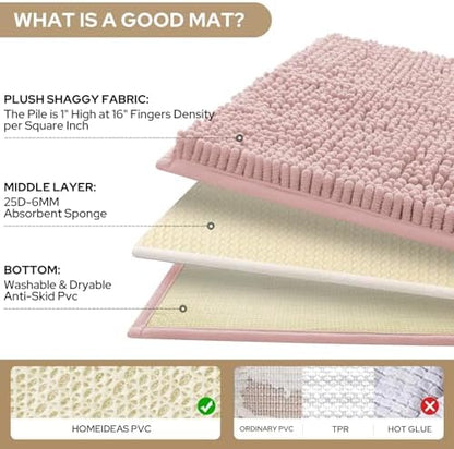 HOMEIDEAS Dusty Pink Chenille Bathroom Rugs Set of 3, Non Slip Bath Mat