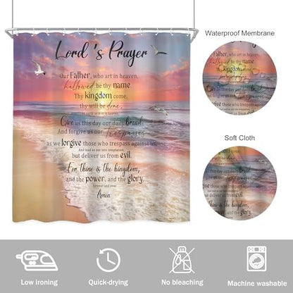 Ocean Bible Verse Beach Pink Orange Sunset Bathroom Shower Curtain Set