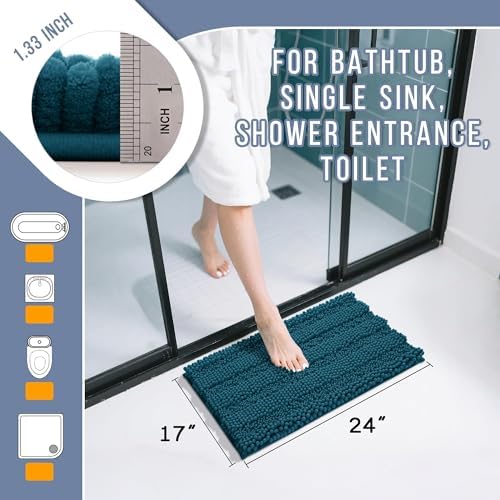 Yimobra Bathroom Rug Mat, Non Slip and Super Absorbent Bath Mat, Machine Washable Quick Dry, Ultra Plush Chenille Shower Rugs for Bathroom Floor Sink Tub and Shower Outside, Peacock Blue, 24 x 17