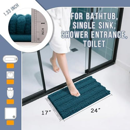 Yimobra Bathroom Rug Mat, Non Slip and Super Absorbent Bath Mat, Machine Washable Quick Dry, Ultra Plush Chenille Shower Rugs for Bathroom Floor Sink Tub and Shower Outside, Peacock Blue, 24 x 17