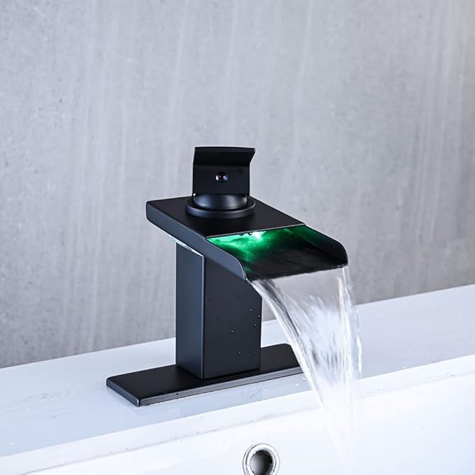 LED Bathroom Sink Faucet, Matte Black Waterfall Single Hole Handle Vanity Faucets for Sinks 1 Hole with Metal Pop Up Drain and 2 Water Supply Lines, Stainless Steel Spout