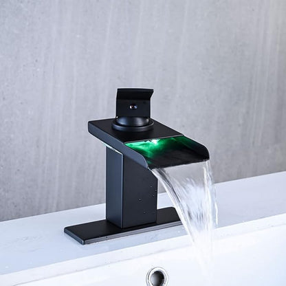 LED Bathroom Sink Faucet, Matte Black Waterfall Single Hole Handle Vanity Faucets for Sinks 1 Hole with Metal Pop Up Drain and 2 Water Supply Lines, Stainless Steel Spout