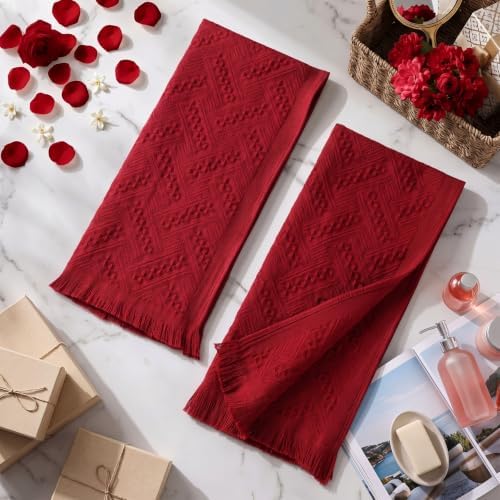 HunnmingRe 4 Pack Boho Hand Towel for Kitchen, Burgundy Red