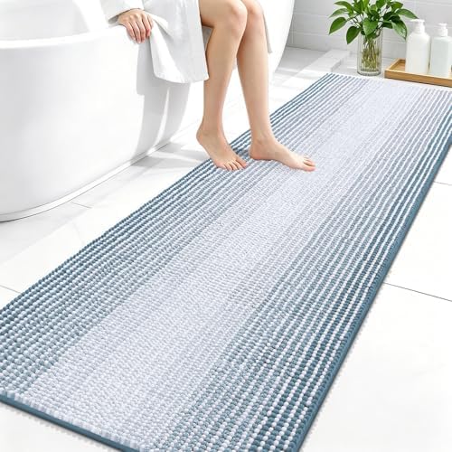 OLANLY Bathroom Runner Rugs 70x24, Chenille Striped Bath Rugs, Airy Blue