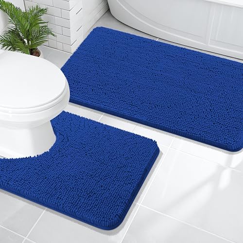 OLANLY Chenille Bathroom Rugs Mats Set 2 Piece, 47"x20"+24"x20", Royal Blue