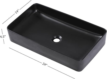 Vessel Sink Rectangle- 24"x14" Modern Rectangular Top Counter Bathroom Sink Matte Black Porcelain Ceramic Lavatory Sink Bowl Art Basin
