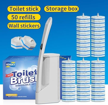 Disposable Toilet Brush Cleaning System with 50pcs Refills Pads Replacement Heads, Toilet Cleaning Stick, Wall Mounted Wand Kit Bathroom Maintenance, Toilet Bowl Cleaner Brush Holder and Set