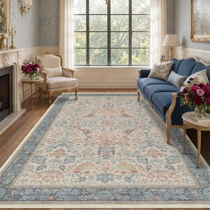 Vintage Elegant 6x9 Rug for Living Room - Washable Dining Room Rugs for Under Table, Low Pile Non-Slip Carpet for Bedroom - Intricate Plant Pattern & Boho Eclectic Red Blue Home Decor